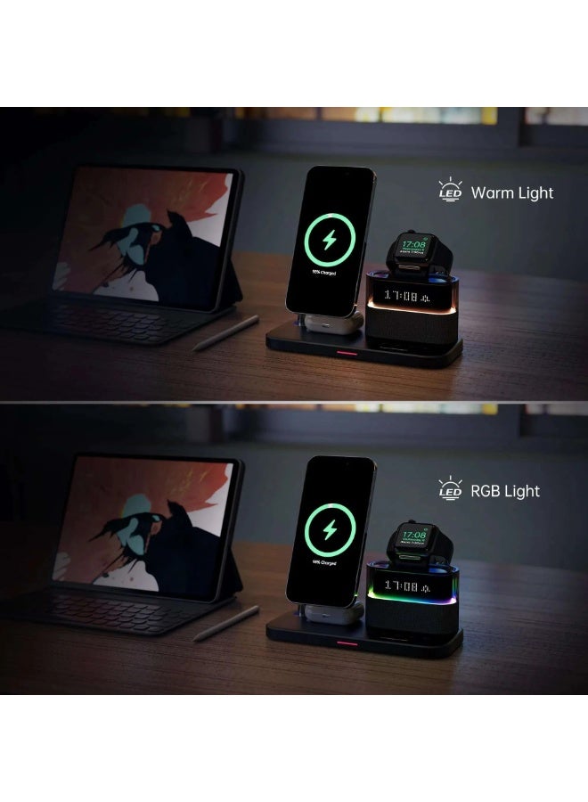 5-in-1 Magnetic Wireless Charging Station with Digital Alarm Clock & RGB Night Light - MagSafe Compatible Fast Charger for iPhone 17/16/15/14/13/12, Apple Watch Ultra/11/10 & AirPods Pro - Desktop Organizer Dock with Snooze & Dimmable LED - Image 2